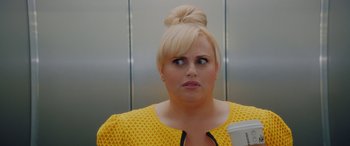 Movie still from “Isn't It Romantic” (2019), directed by Todd Strauss-Schulson – A woman in a yellow dress with a cup of coffee; Close Up shot, Over the shoulder angle