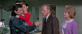 Movie still from “It Happened at the World's Fair” (1963), directed by Norman Taurog – An older man and a young girl pointing at each other in a room; Medium shot, Over the shoulder angle