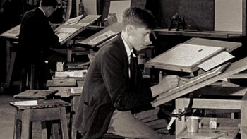 Movie still from “It Might Get Loud” (2008), directed by Davis Guggenheim – An old photo of a man writing on a piece of paper; Medium shot, Low angle
