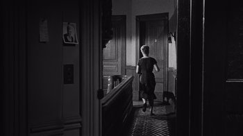 Movie still from “It Should Happen to You” (1954), directed by George Cukor – A black and white photo of a woman and a cat; Wide shot, High angle