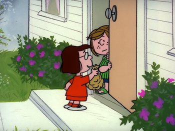 Movie still from “It's the Easter Beagle, Charlie Brown!” (1974), directed by Phil Roman – A cartoon of a girl and a boy standing at a door; Wide shot, High angle