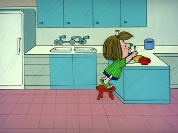 Movie still from “It's the Easter Beagle, Charlie Brown!” (1974), directed by Phil Roman – A girl sitting on top of a stool in a kitchen; Extreme Wide shot, High angle