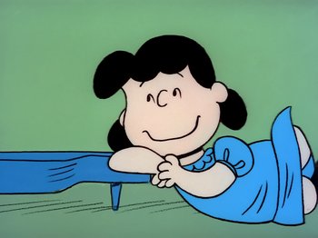 Movie still from “It's the Easter Beagle, Charlie Brown!” (1974), directed by Phil Roman – A drawing of a girl sitting on a bench; Extreme Wide shot, High angle