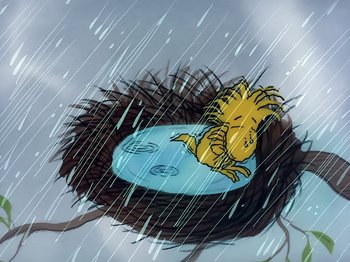 Movie still from “It's the Easter Beagle, Charlie Brown!” (1974), directed by Phil Roman – A drawing of a cat sitting in a bird's nest in the middle of the rain; Wide shot, High angle