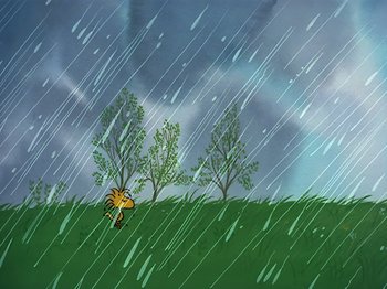 Movie still from “It's the Easter Beagle, Charlie Brown!” (1974), directed by Phil Roman – A drawing of a cat in a field with trees in the background; Extreme Wide shot, High angle