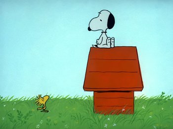 Movie still from “It's the Easter Beagle, Charlie Brown!” (1974), directed by Phil Roman – A painting of a dog sitting on top of a doghouse next to a bird; Extreme Wide shot, Low angle