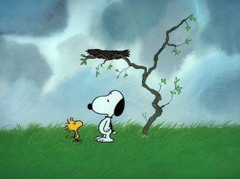 Movie still from “It's the Easter Beagle, Charlie Brown!” (1974), directed by Phil Roman – A painting of a dog and a bird under a tree; Extreme Wide shot, Low angle