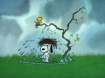 Movie still from “It's the Easter Beagle, Charlie Brown!” (1974), directed by Phil Roman – A drawing of a dog and a bird in a field; Extreme Wide shot, High angle