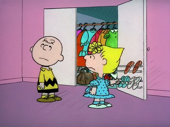 Movie still from “It's the Easter Beagle, Charlie Brown!” (1974), directed by Phil Roman – A charlie brown and sally from the peanuts cartoon; Extreme Wide shot, High angle