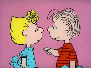 Movie still from “It's the Easter Beagle, Charlie Brown!” (1974), directed by Phil Roman – A drawing of a boy and a little girl talking to each other; Medium shot, High angle