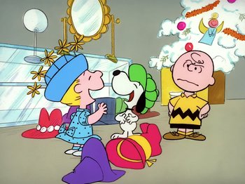 Movie still from “It's the Easter Beagle, Charlie Brown!” (1974), directed by Phil Roman – A group of cartoon characters in front of a mirror; Extreme Wide shot, High angle
