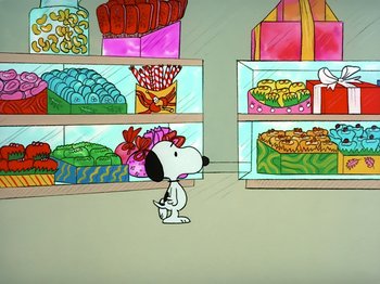 Movie still from “It's the Easter Beagle, Charlie Brown!” (1974), directed by Phil Roman – A cartoon of a dog standing in front of shelves of food; Extreme Wide shot, High angle