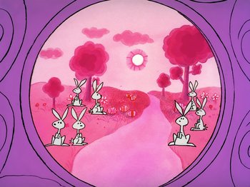 Movie still from “It's the Easter Beagle, Charlie Brown!” (1974), directed by Phil Roman – A painting of a group of rabbits sitting on a hill; Wide shot, High angle