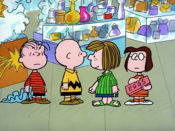 Movie still from “It's the Easter Beagle, Charlie Brown!” (1974), directed by Phil Roman – A group of cartoon characters standing next to each other; Extreme Wide shot, High angle