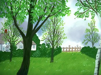 Movie still from “It's the Easter Beagle, Charlie Brown!” (1974), directed by Phil Roman – An illustration of a green field with trees and a fence in the background; Extreme Wide shot, Low angle
