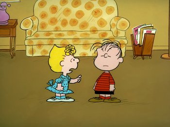Movie still from “It's the Easter Beagle, Charlie Brown!” (1974), directed by Phil Roman – A couple of people that are standing up in a room; Wide shot, High angle