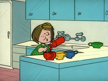 Movie still from “It's the Easter Beagle, Charlie Brown!” (1974), directed by Phil Roman – A cartoon of a woman pouring water into a cup; Medium shot, High angle