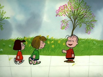 Movie still from “It's the Easter Beagle, Charlie Brown!” (1974), directed by Phil Roman – A group of people standing next to each other on a sidewalk; Extreme Wide shot, Low angle