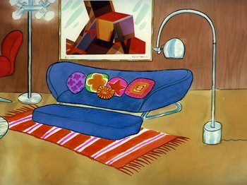Movie still from “It's the Easter Beagle, Charlie Brown!” (1974), directed by Phil Roman – A blue couch sitting in front of a painting on the wall; Extreme Wide shot, High angle