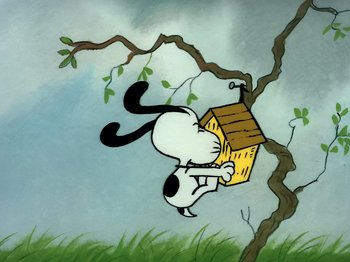 Movie still from “It's the Easter Beagle, Charlie Brown!” (1974), directed by Phil Roman – A painting of a dog hanging on to a bird house on a tree branch; Extreme Wide shot, Low angle