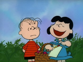 Movie still from “It's the Easter Beagle, Charlie Brown!” (1974), directed by Phil Roman – A couple of people standing next to each other holding a basket; Medium shot, High angle
