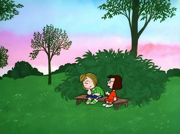 Movie still from “It's the Easter Beagle, Charlie Brown!” (1974), directed by Phil Roman – A couple of people sitting on top of a wooden bench; Extreme Wide shot, High angle