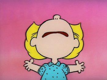 Movie still from “It's the Easter Beagle, Charlie Brown!” (1974), directed by Phil Roman – A drawing of a girl with blonde hair and a blue dress; Extreme Close Up shot, Low angle