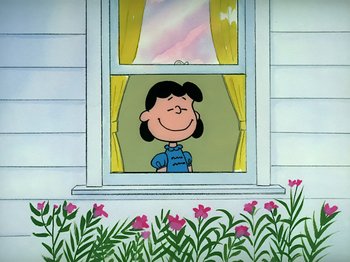 Movie still from “It's the Easter Beagle, Charlie Brown!” (1974), directed by Phil Roman – A painting of a girl looking out of a window; Extreme Wide shot, High angle