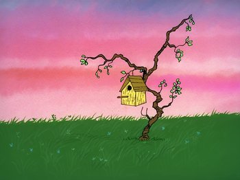 Movie still from “It's the Easter Beagle, Charlie Brown!” (1974), directed by Phil Roman – A tree that has a birdhouse on it; Extreme Wide shot, Low angle