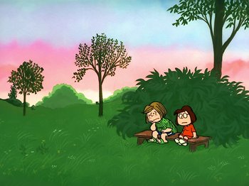 Movie still from “It's the Easter Beagle, Charlie Brown!” (1974), directed by Phil Roman – A couple of people sitting on top of a wooden bench; Extreme Wide shot, High angle