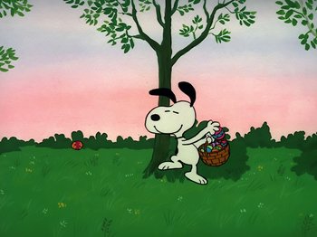 Movie still from “It's the Easter Beagle, Charlie Brown!” (1974), directed by Phil Roman – A painting of a dog holding a basket in a field; Extreme Wide shot, Low angle