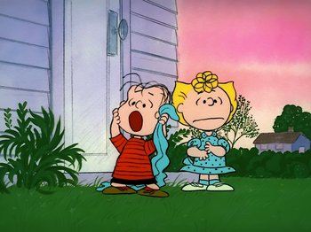 Movie still from “It's the Easter Beagle, Charlie Brown!” (1974), directed by Phil Roman – A couple of cartoon characters standing next to each other; Extreme Wide shot, Low angle