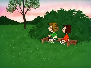 Movie still from “It's the Easter Beagle, Charlie Brown!” (1974), directed by Phil Roman – A couple of people sitting on top of a wooden bench; Extreme Wide shot, High angle