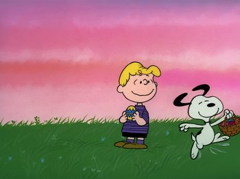 Movie still from “It's the Easter Beagle, Charlie Brown!” (1974), directed by Phil Roman – A charlie brown and snoopy cartoon is shown; Extreme Wide shot, Low angle