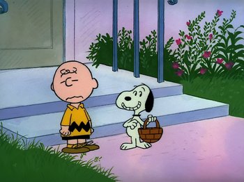 Movie still from “It's the Easter Beagle, Charlie Brown!” (1974), directed by Phil Roman – A charlie brown and snoopy cartoon scene; Extreme Wide shot, High angle
