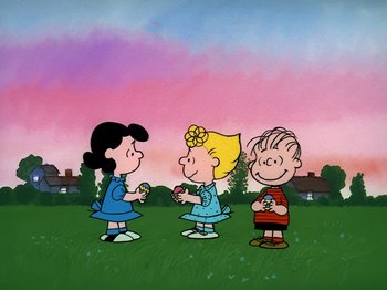 Movie still from “It's the Easter Beagle, Charlie Brown!” (1974), directed by Phil Roman – A group of people standing on top of a grass covered field; Extreme Wide shot, High angle