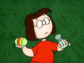 Movie still from “It's the Easter Beagle, Charlie Brown!” (1974), directed by Phil Roman – A cartoon of a woman holding a salt and pepper shaker; Extreme Close Up shot, High angle