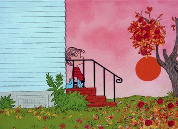 Movie still from “It's the Great Pumpkin, Charlie Brown” (1966), directed by Bill Melendez – A painting of a woman sitting on a stair rail; Extreme Wide shot, High angle
