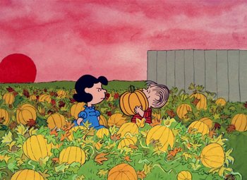 Movie still from “It's the Great Pumpkin, Charlie Brown” (1966), directed by Bill Melendez – A charlie brown and lucy pumpkin patch scene; Extreme Wide shot, High angle