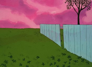 Movie still from “It's the Great Pumpkin, Charlie Brown” (1966), directed by Bill Melendez – A painting of a fence and a tree on a hill; Extreme Wide shot, Low angle