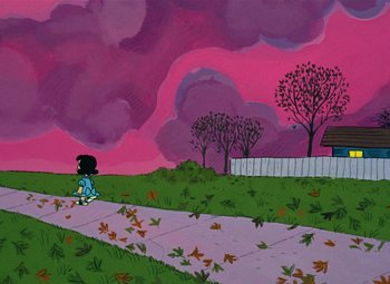 Movie still from “It's the Great Pumpkin, Charlie Brown” (1966), directed by Bill Melendez – A painting of a girl sitting on the sidewalk; Extreme Wide shot, High angle