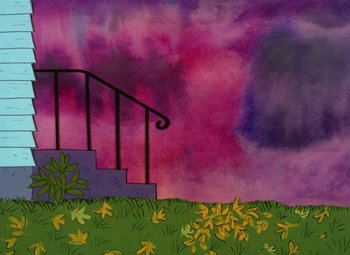 Movie still from “It's the Great Pumpkin, Charlie Brown” (1966), directed by Bill Melendez – A painting of a purple sky and a staircase; Extreme Wide shot, Low angle