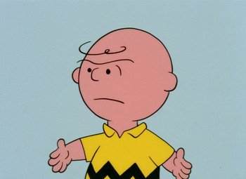 Movie still from “It's the Great Pumpkin, Charlie Brown” (1966), directed by Bill Melendez – A charlie brown cartoon character with his arms outstreched; Close Up shot, High angle