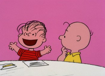 Movie still from “It's the Great Pumpkin, Charlie Brown” (1966), directed by Bill Melendez – A drawing of charlie brown and linus from the peanuts movie; Medium shot, High angle