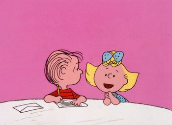 Movie still from “It's the Great Pumpkin, Charlie Brown” (1966), directed by Bill Melendez – A drawing of a boy and a girl sitting at a table; Medium shot, High angle