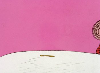 Movie still from “It's the Great Pumpkin, Charlie Brown” (1966), directed by Bill Melendez – A yellow toothbrush sitting on top of a pink surface; Extreme Close Up shot, Overhead angle