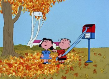 Movie still from “It's the Great Pumpkin, Charlie Brown” (1966), directed by Bill Melendez – A charlie brown and lucy cartoon is shown; Extreme Wide shot, High angle