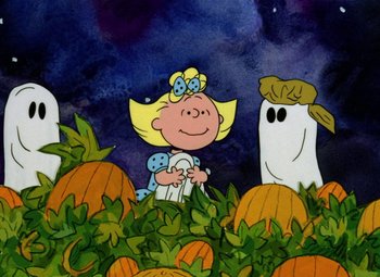 Movie still from “It's the Great Pumpkin, Charlie Brown” (1966), directed by Bill Melendez – A painting of a little girl in a pumpkin patch with a ghost; Wide shot, High angle
