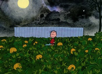 Movie still from “It's the Great Pumpkin, Charlie Brown” (1966), directed by Bill Melendez – A painting of charlie brown in a field; Extreme Wide shot, High angle