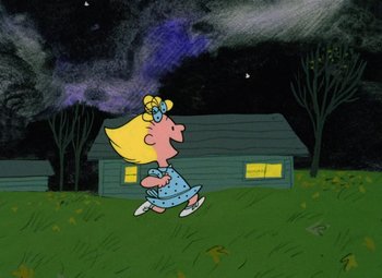 Movie still from “It's the Great Pumpkin, Charlie Brown” (1966), directed by Bill Melendez – A cartoon of a girl walking in the grass; Extreme Wide shot, High angle
